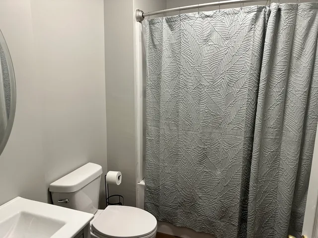 a white toilet sitting next to a shower curtain
