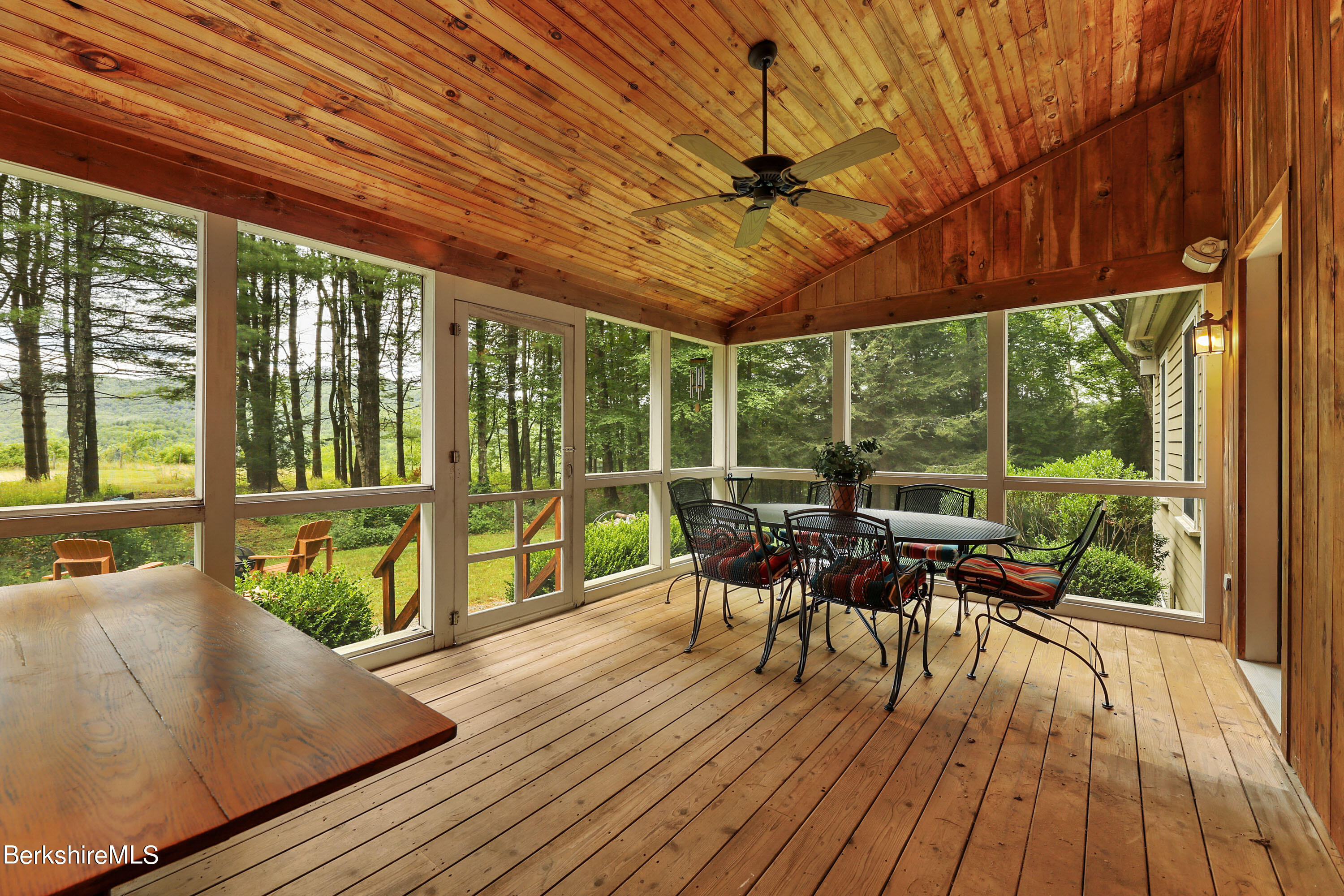 12 Castle Hill Road Stockbridge, MA 01262 - Photo 18 of 39 a view of a patio with table and chairs wooden floor with wooden floor and fence