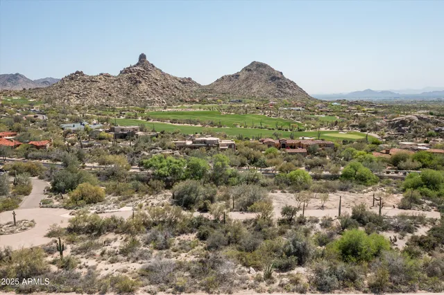 a view of a town with mountains in the background