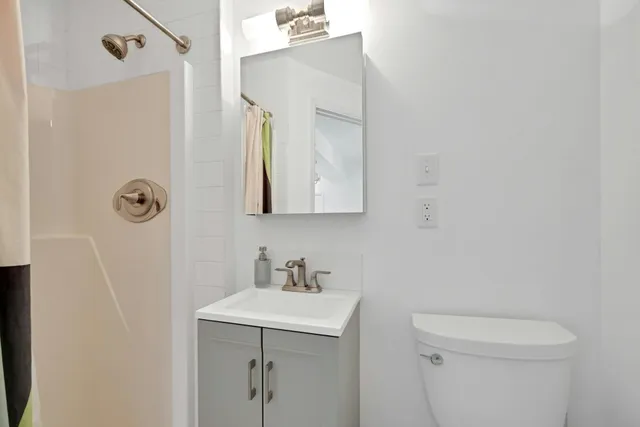 a bathroom with a toilet sink and mirror