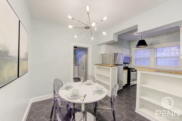 a kitchen with a table and chairs in it
