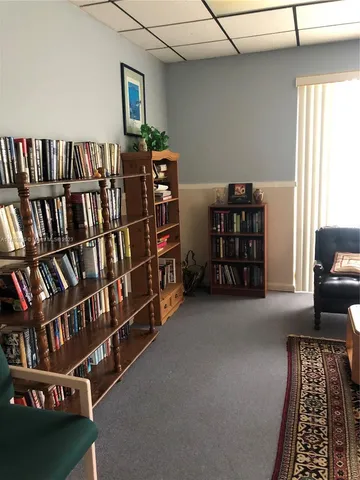 a view of a livingroom with furniture and book shelf