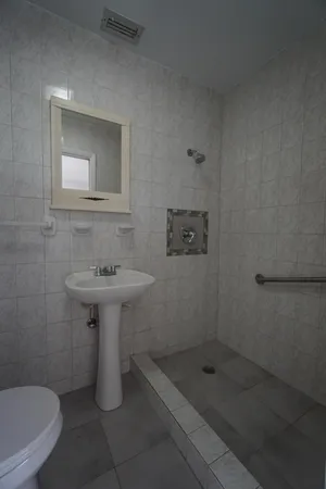 a bathroom with a sink a toilet and shower