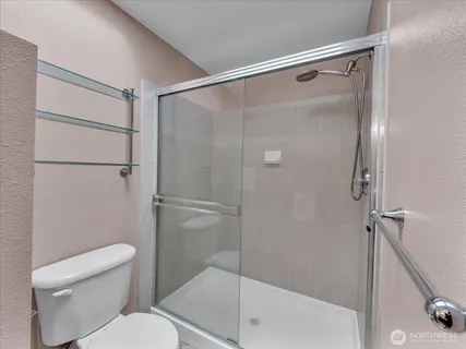 a bathroom with a shower and toilet