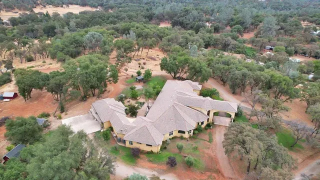 an aerial view of a house with a yard and large trees