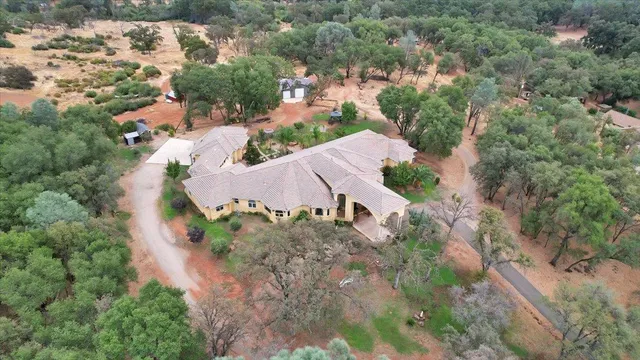 a view of a house with a yard and potted plants