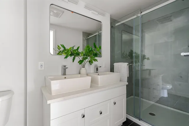 a bathroom with a shower a sink and a mirror