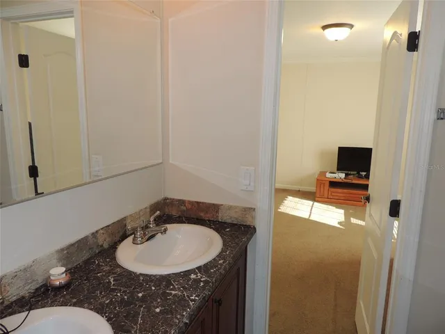 a bathroom with a sink and a mirror