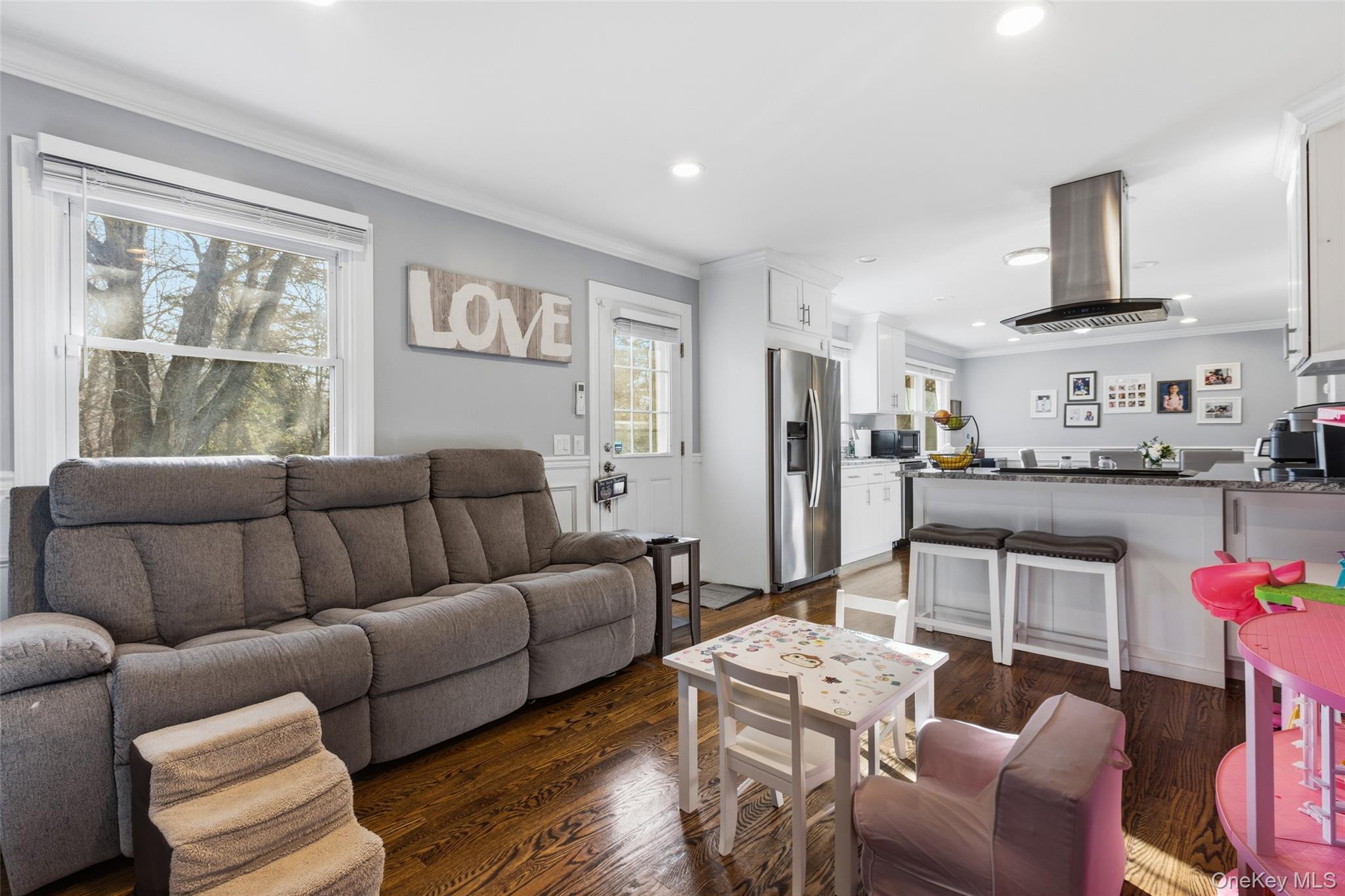 39 Benjamin Road Mahopac, NY 10541 - Photo 12 of 39 Living area with ornamental molding, dark wood finished floors, and recessed lighting