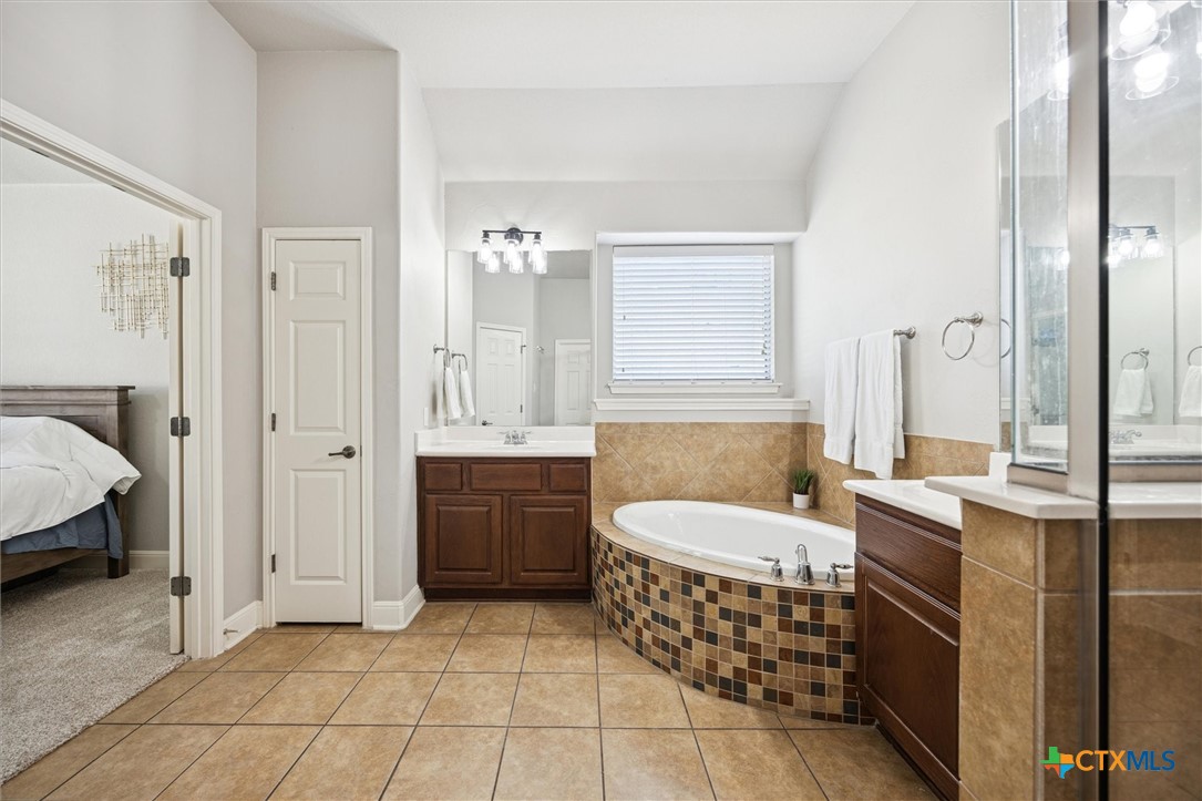 2309 First View Leander, TX 78641 - Photo 20 of 31 High ceilings and natural light enhance the spacious layout of the primary bath, creating a bright and comfortable retreat.