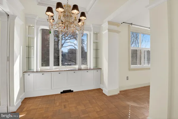 a view of a livingroom with chandelier