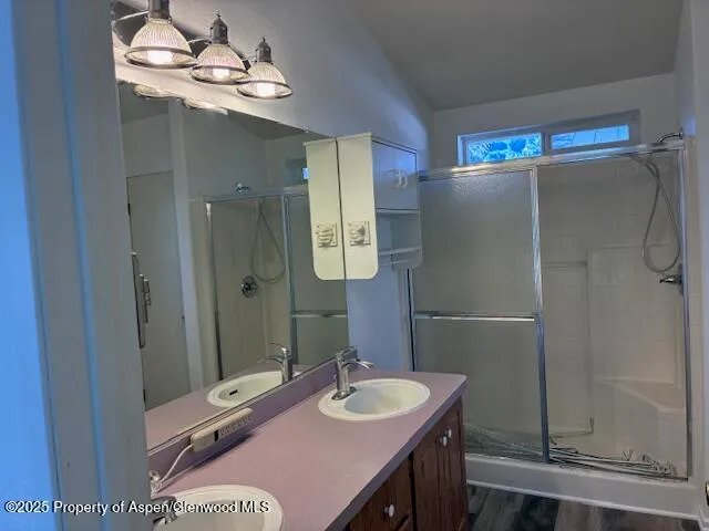 a bathroom with a sink double vanity and shower