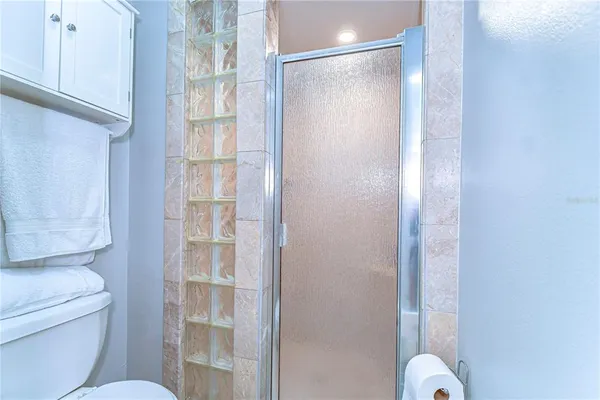a bathroom with a shower and toilet