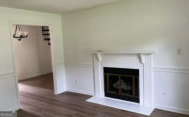 a living room with a fireplace
