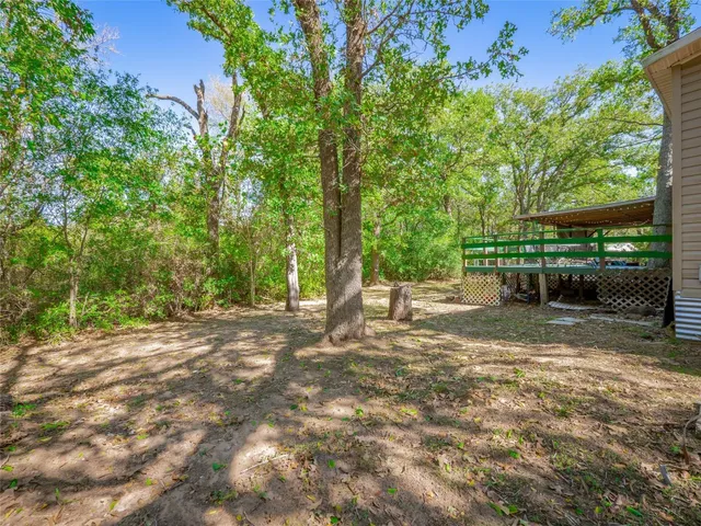 a view of a backyard with large trees and wooden fence