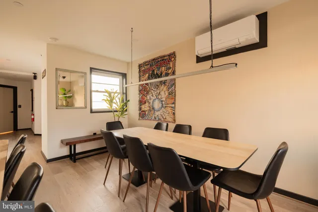 a view of a dining room with furniture
