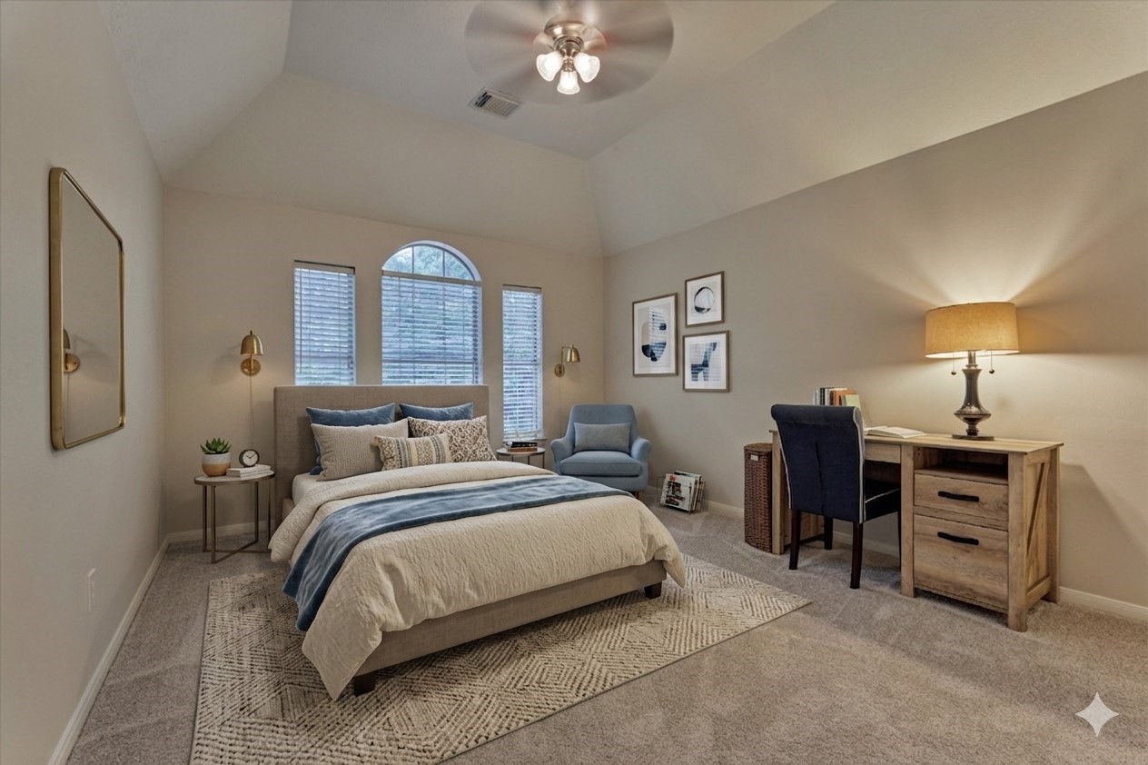 16707 Avenfield Road Tomball, TX 77377 - Photo 33 of 50 a bedroom with a bed and a chandelier
