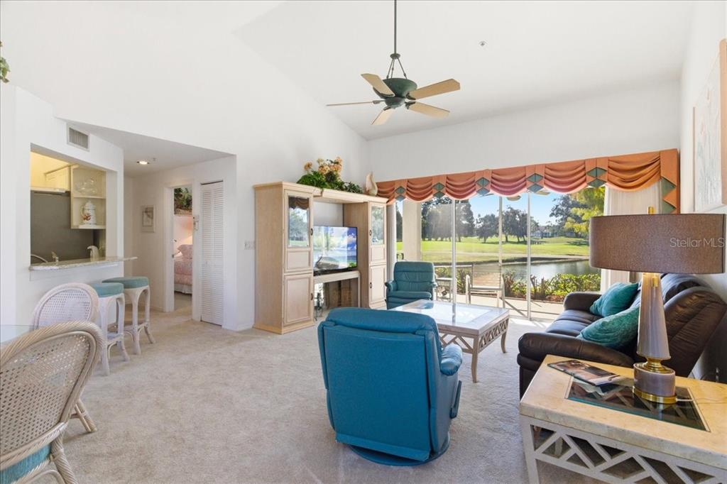 6640 Pineview Terrace, Unit 6640 Bradenton, FL 34203 - Photo 8 of 80 a living room with furniture a fireplace and a floor to ceiling window
