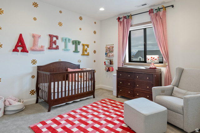 11617 South Wildrye Field Way Draper, UT 84020 - Photo 24 of 53 Bedroom 2 with a nursery area, light carpet, and recessed lighting