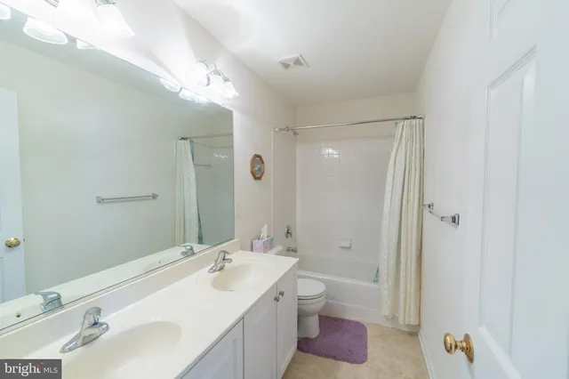 a bathroom with a double vanity sink mirror and toilet