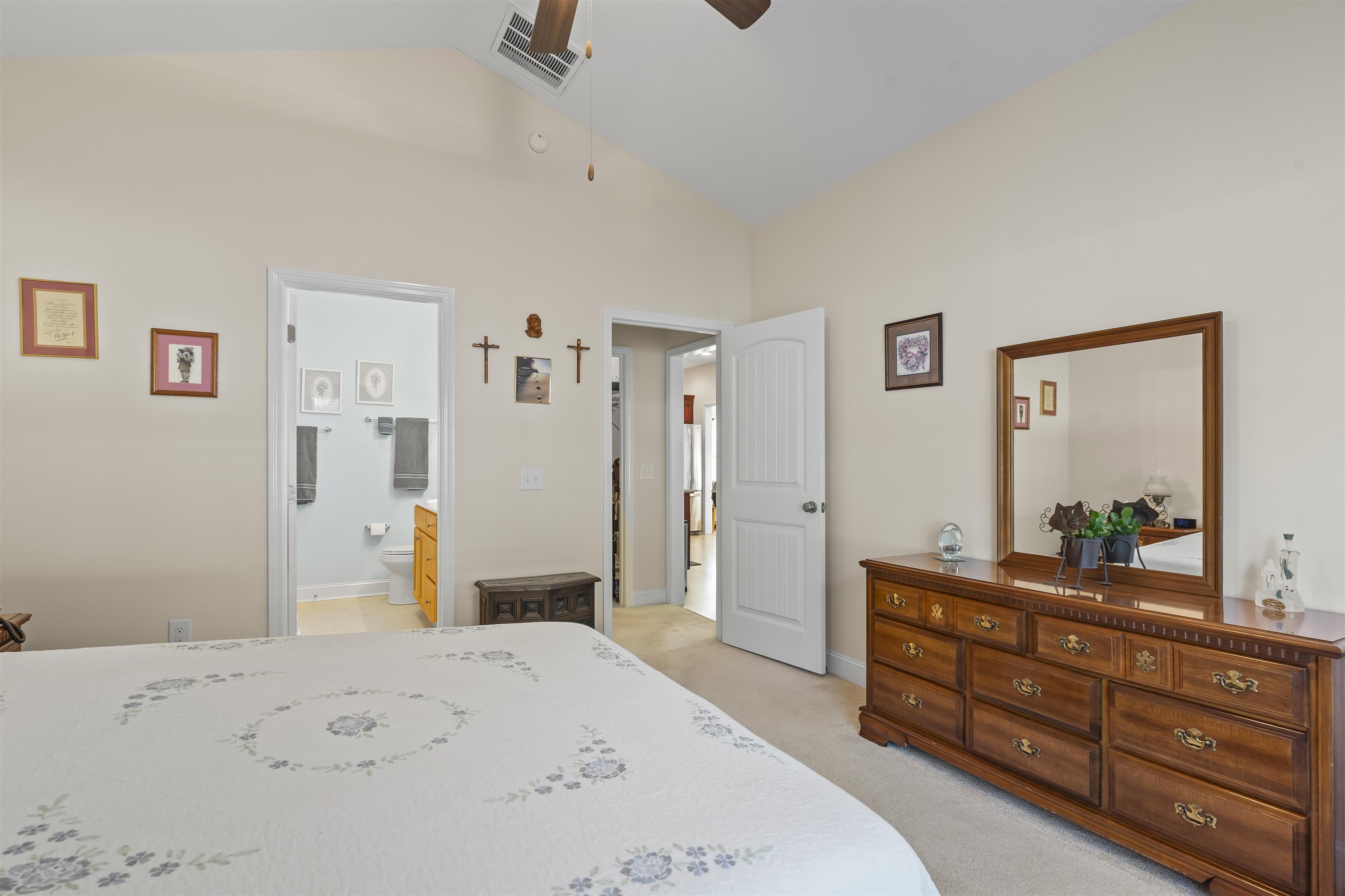 830 Payne Court Conway, SC 29526 - Photo 20 of 38 Bedroom featuring light colored carpet, a ceiling fan, and high vaulted ceiling