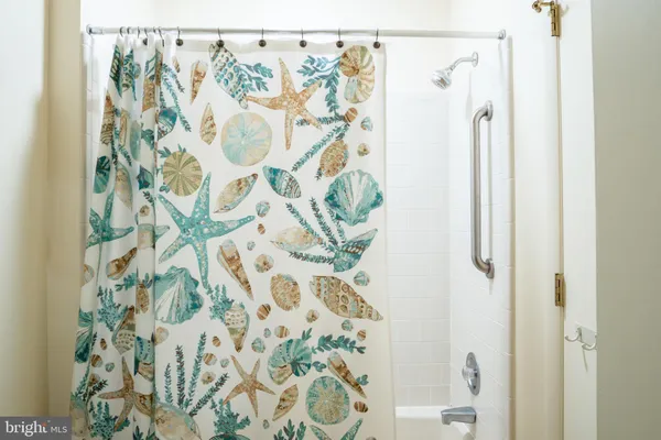 a bathroom with a shower curtain and a shower curtain