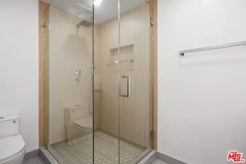 a bathroom with a shower and toilet