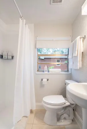 a bathroom with a toilet and a shower