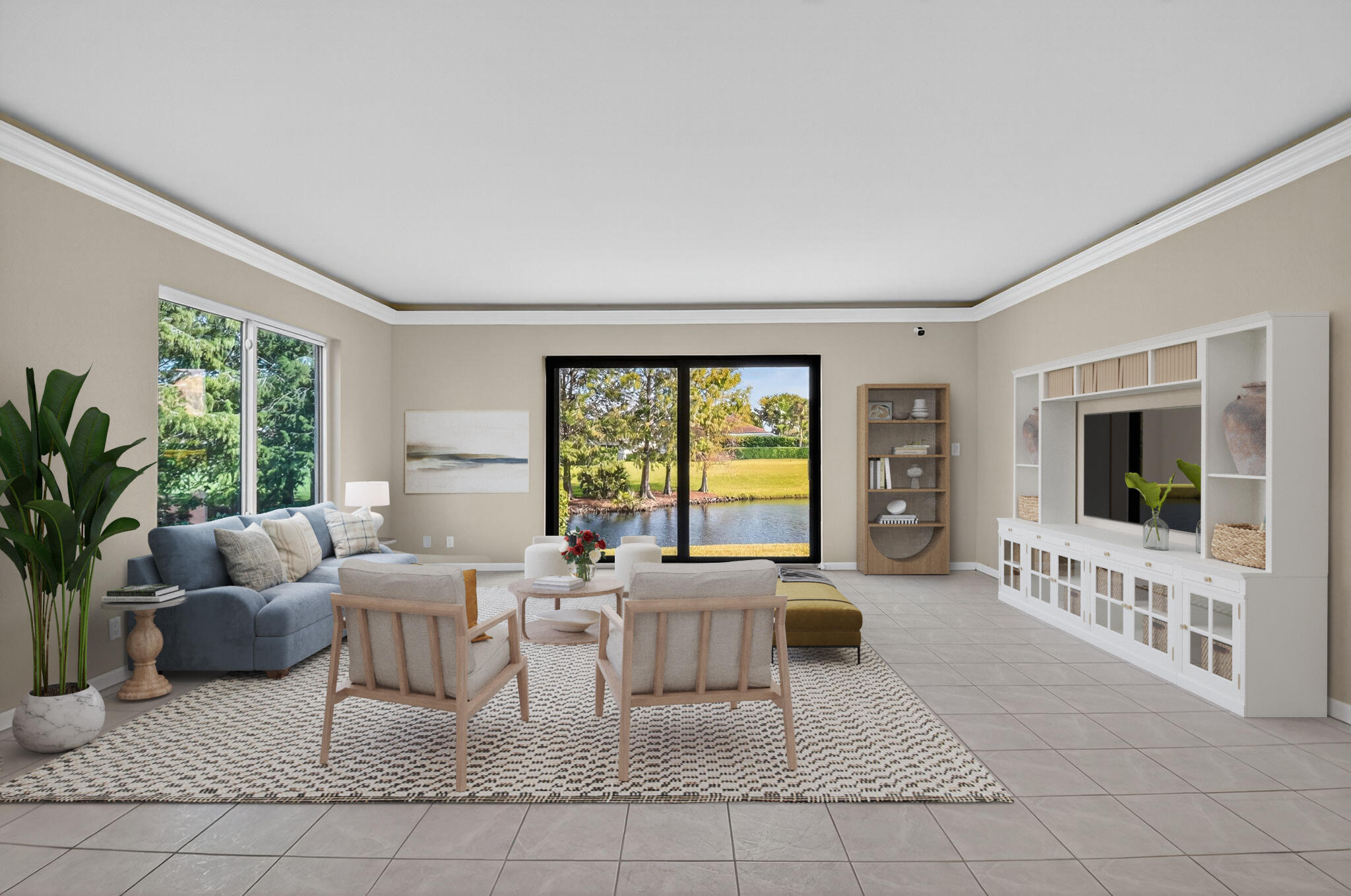 900 Greensward Lane, Unit 101G Delray Beach, FL 33445 - Photo 5 of 62 a living room with furniture a flat screen tv and a large window