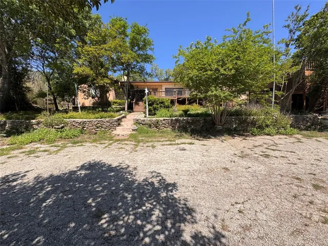 a view of a yard with plants and trees