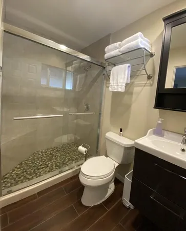 a bathroom with a sink a toilet a mirror and shower