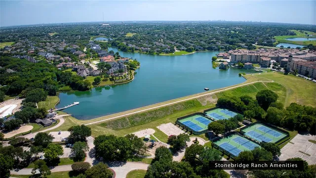 an aerial view of residential houses with outdoor space and lake view