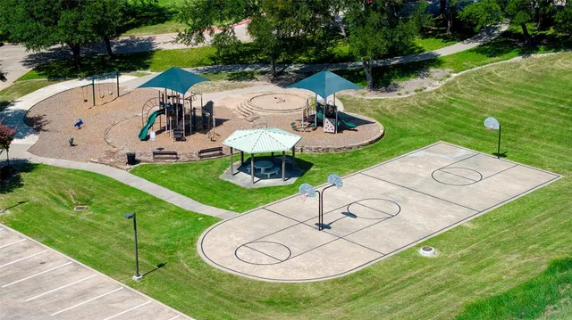 a backyard of a house with fireplace table and chairs