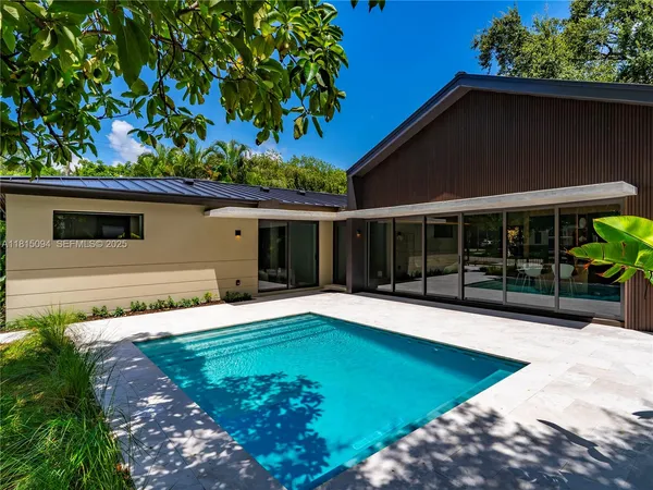 a view of pool with a yard