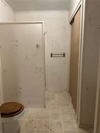 a bathroom with a toilet and a shower
