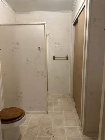 a bathroom with a toilet and a shower