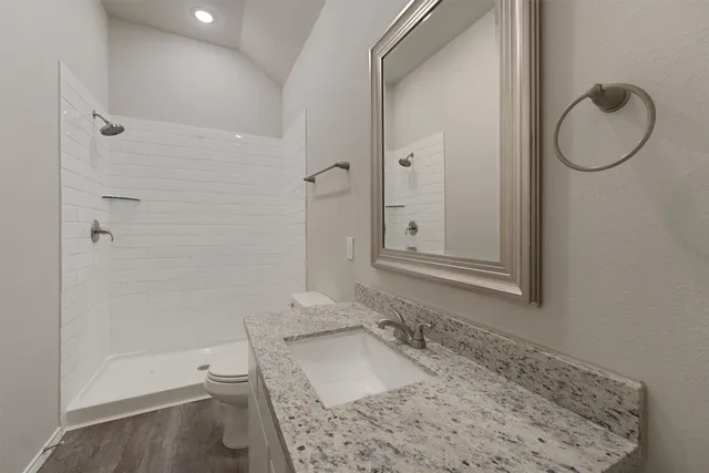 a bathroom with a granite countertop sink and a mirror