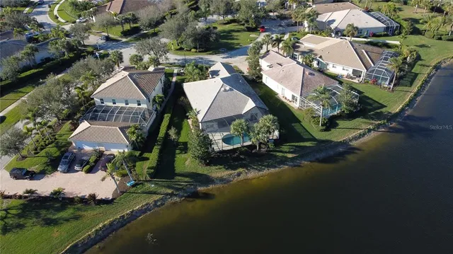 an aerial view of residential houses with outdoor space and street view