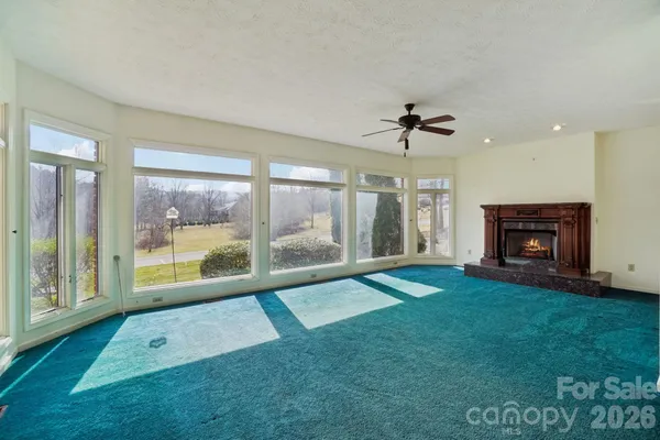 a living room with a large window
