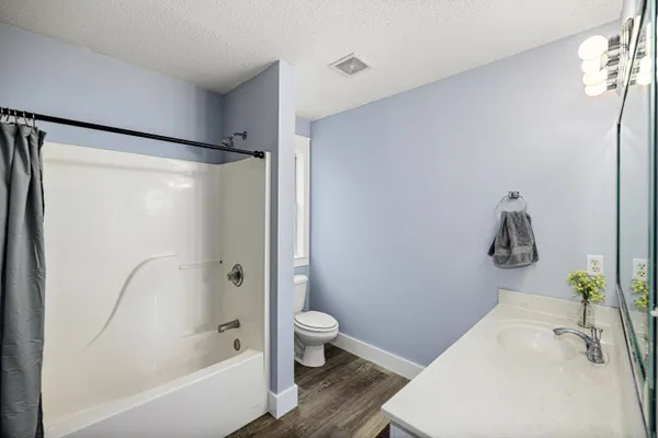 a bathroom with a sink a toilet and shower curtain