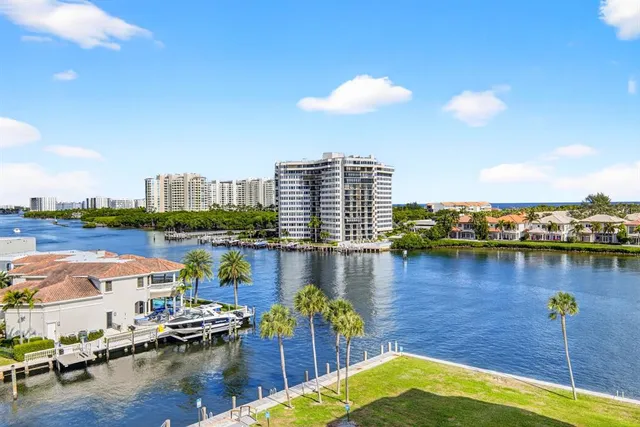 a view of a lake with a city