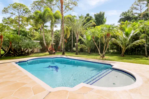 a view of a backyard with swimming pool