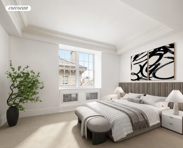 a bedroom with a bed and a potted plant