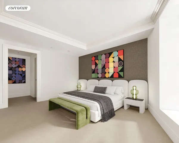 a bedroom with a bed and painting on the wall