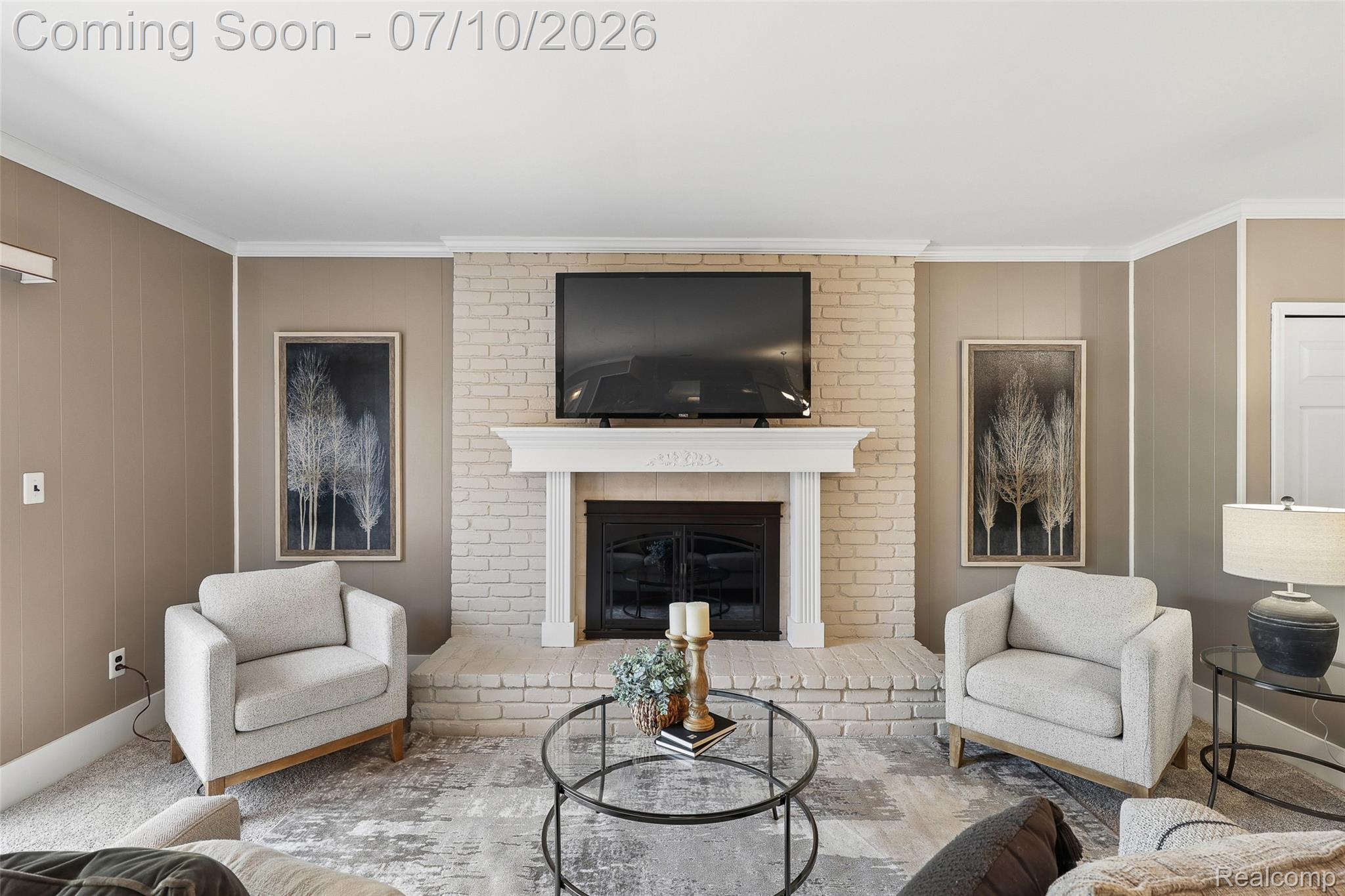 42698 Keystone Canton, MI 48187 - Photo 3 of 33 Central brick fireplace with a classic white mantel