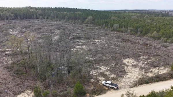 a view of a dry yard with green space