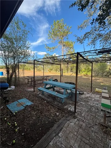 a view of a backyard with swimming pool