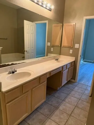 a bathroom with a sink a vanity and a mirror