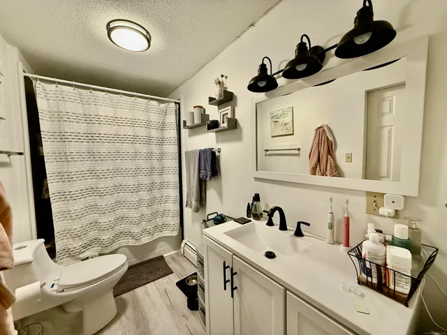 a bathroom with a sink a toilet and a mirror