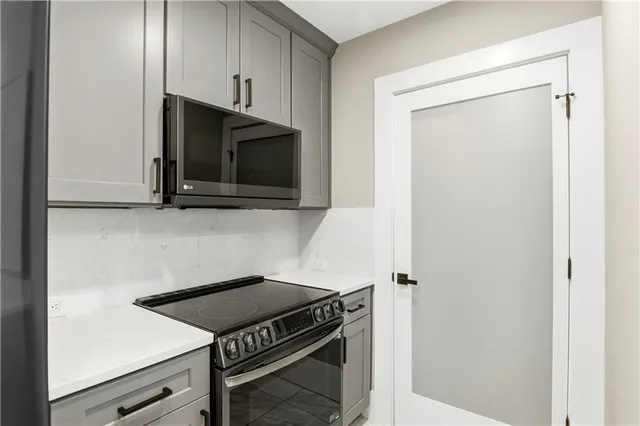 a kitchen with a stove and a microwave